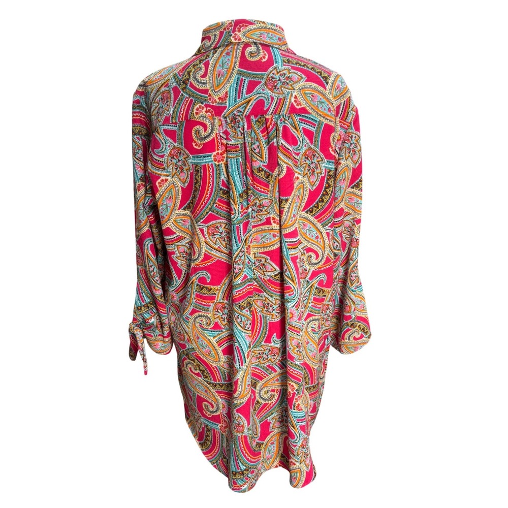 Boho Chic Womens Paisley Blouse Size Large Long Sleeve Tie Cuff Pink Multi - Picture 2 of 9
